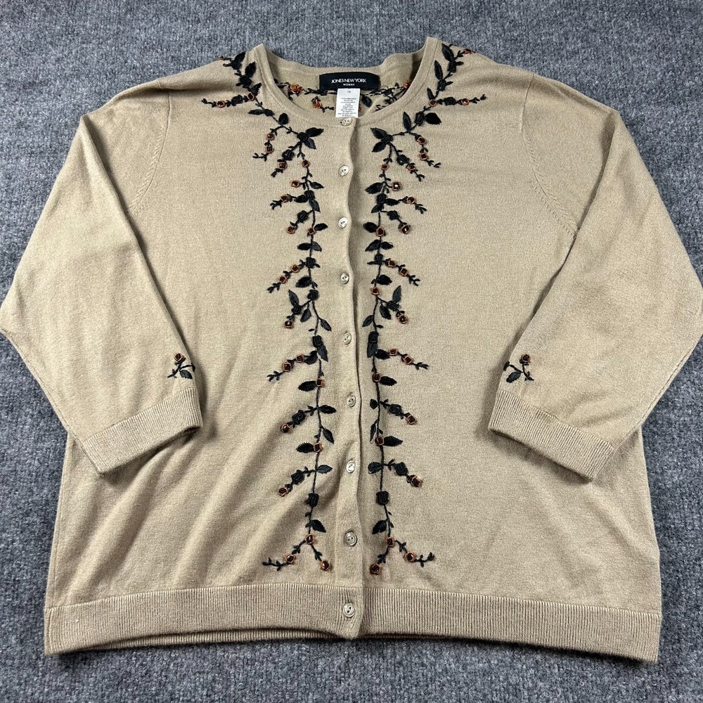Jones New York Cardigan Womens 1X Beige Silk Angora Embroidered Beaded Cottage